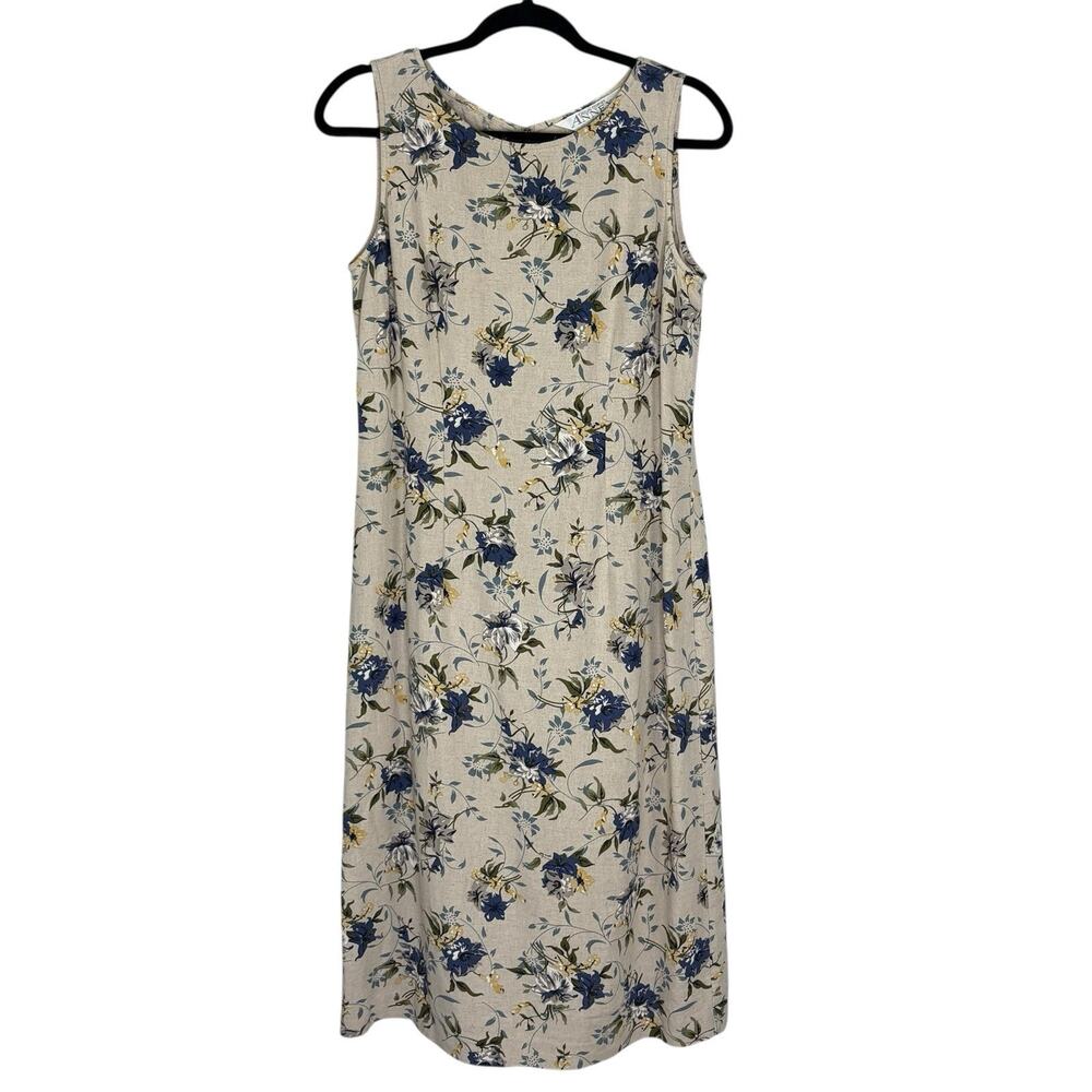 VTG 90’s Casual Corner Annex Beige Floral Linen Sleeveless Maxi Dress Size 8P